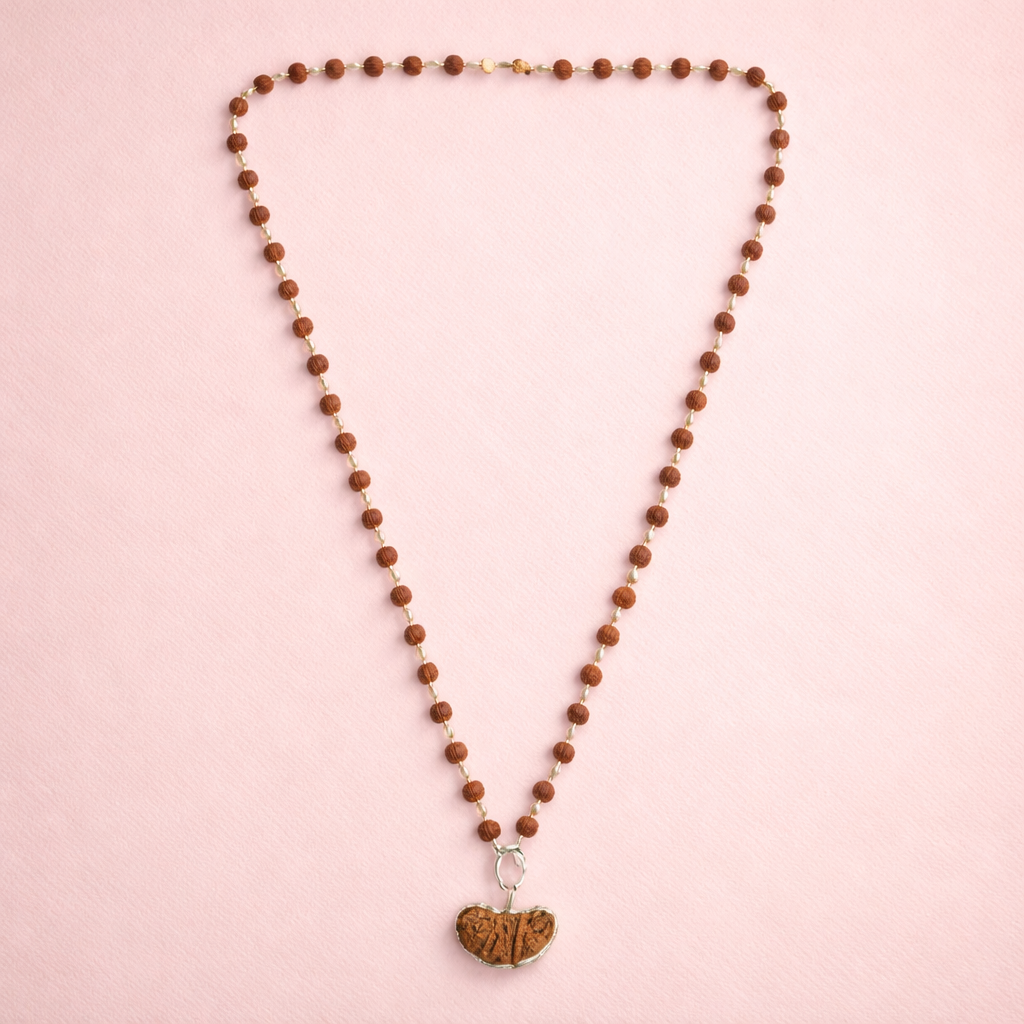 5 Mukhi Silver Rudraksha Mala - With Natural 1 Mukhi Rudraksha Pendant